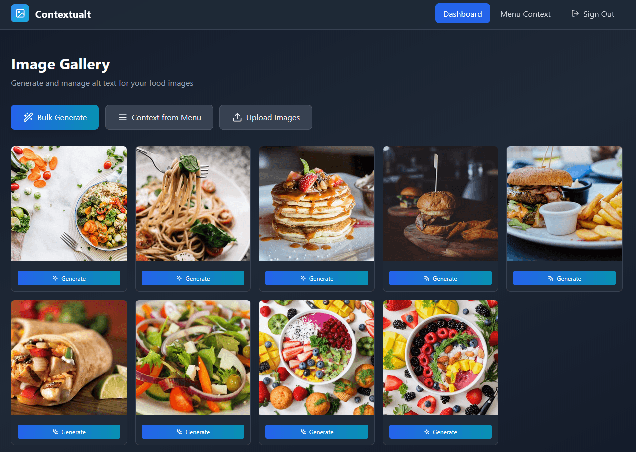 Contextualt dashboard showing alt-text generation interface with menu context extraction and image analysis features