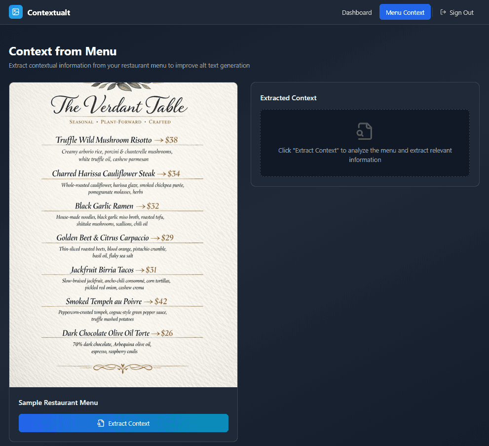 Contextualt menu context extraction feature showing how the system reads restaurant menus to extract contextual information for improved alt-text generation