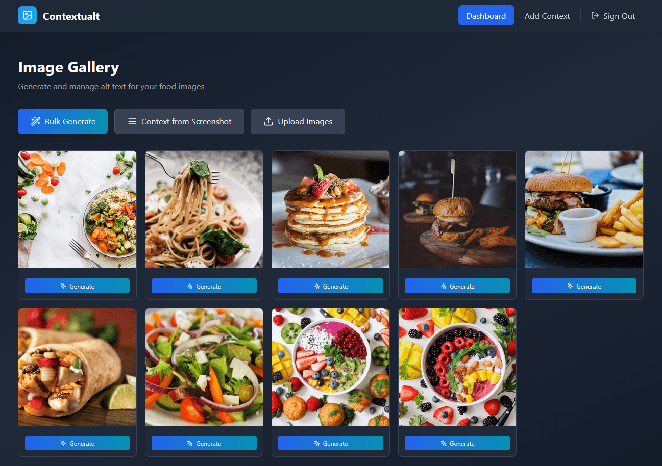 Contextualt dashboard showing alt-text generation interface with context extraction and image analysis features
