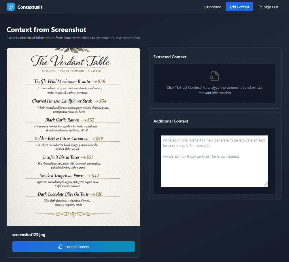 Contextualt context extraction feature showing how the system analyzes screenshots and images to extract contextual information for improved alt-text generation